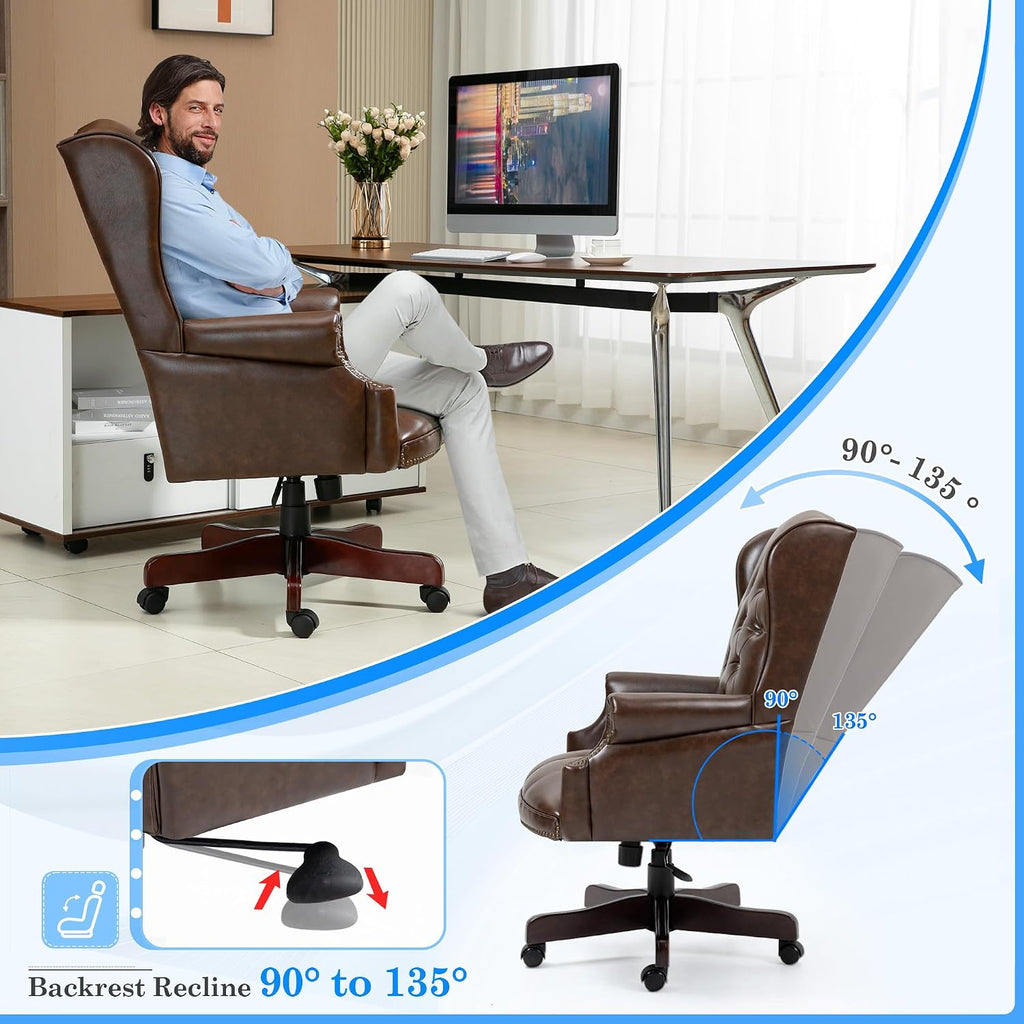 Big and Tall Executive, Ergonomic 360° Swivel Recliner Chair, Retro Brown Faux Leather Home Office Desk Chairs
