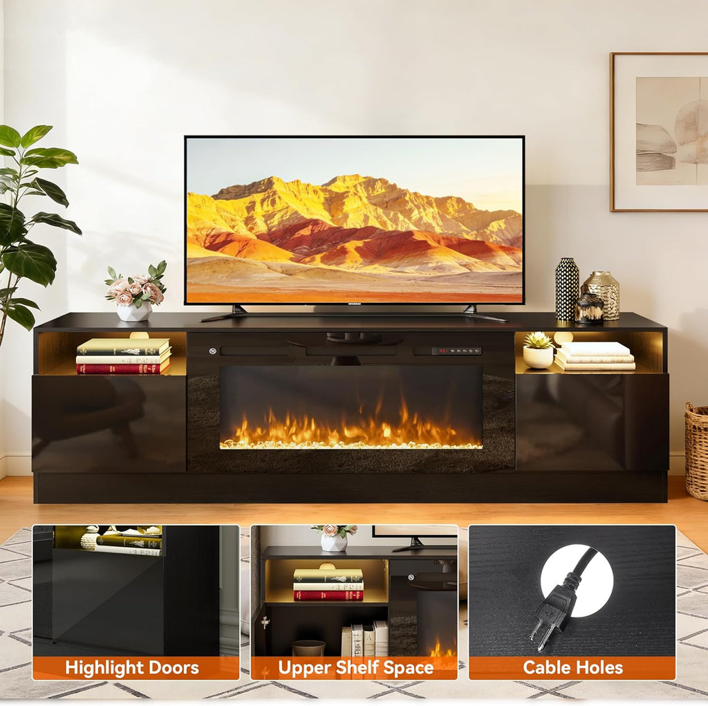 80" Fireplace TV Stand for TVs Up to 90", LED Light Entertainment Center with 36" Electric Fireplace, Modern Wood