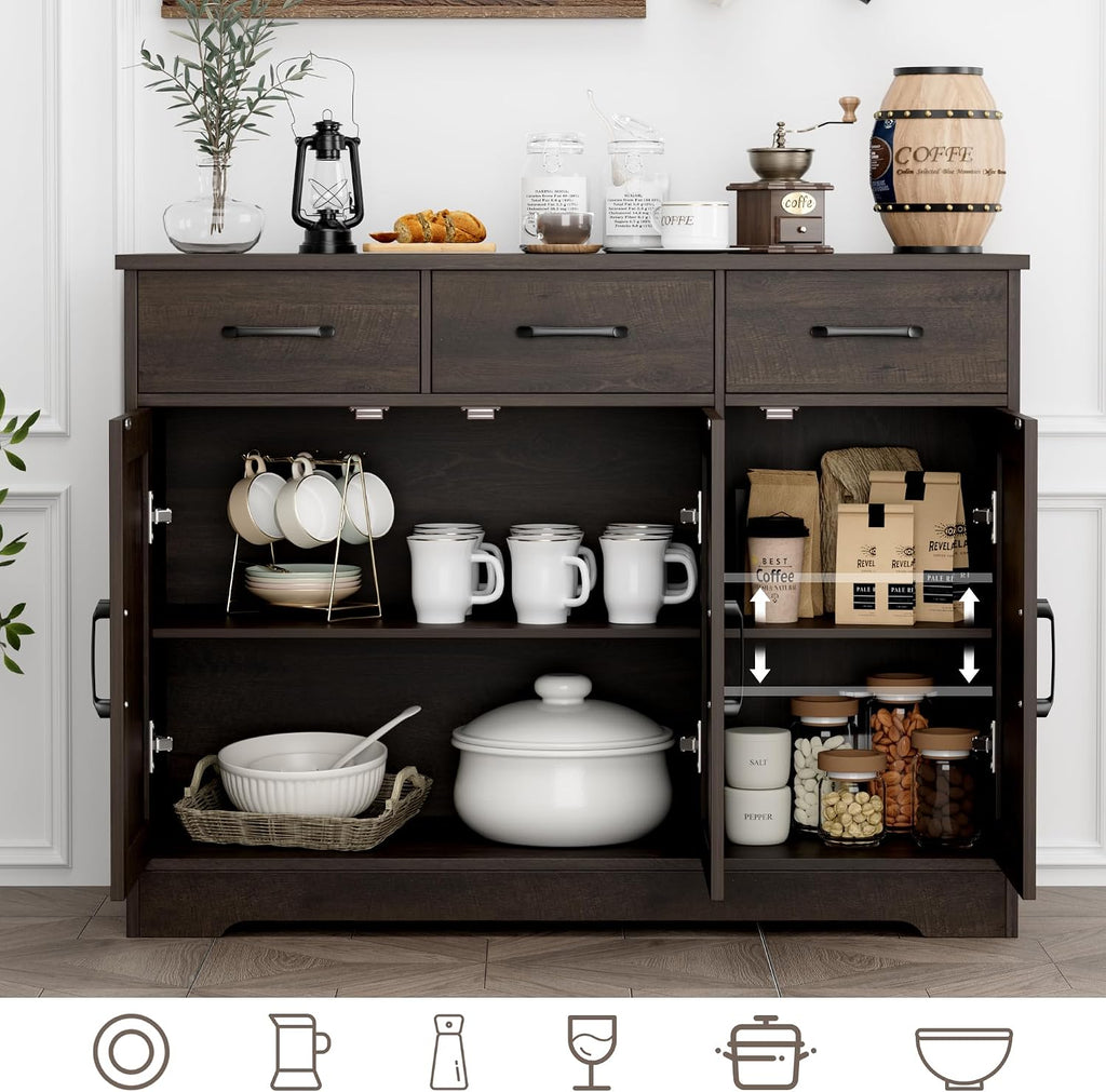 Kitchen Buffet Cabinet with Storage, Sideboard Coffee Bar, Brown | Farmhouse Kitchen Storage Cabinet with 3 Drawers &