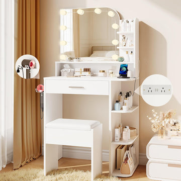 Small Vanity, Set with Big Mirror, Lights & Chair, for Girls, White | Small footprint, huge storage, 14.2×26.5×54.4"