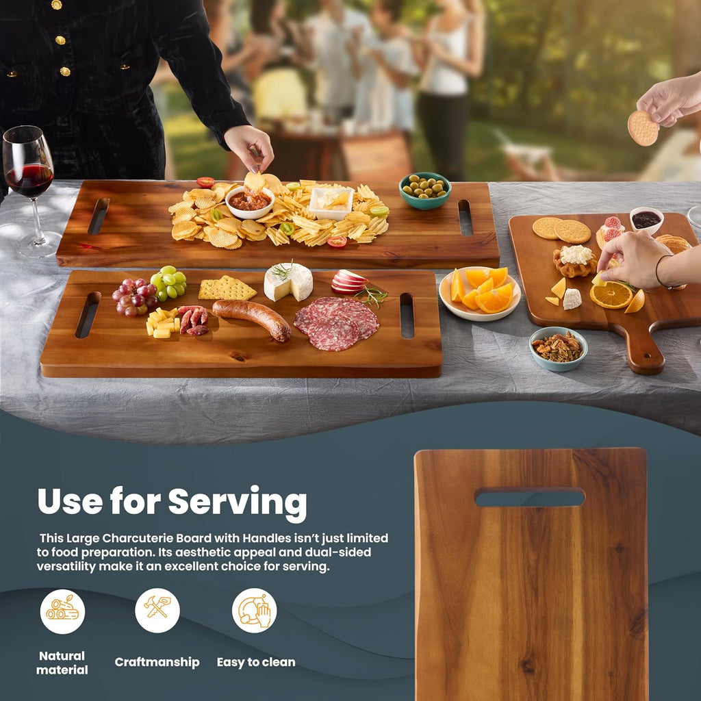 30" Large Acacia Wood Charcuterie Board, Built-in Handles, Raw Edge | Dual-sided Design, Extra Long Wooden Serving