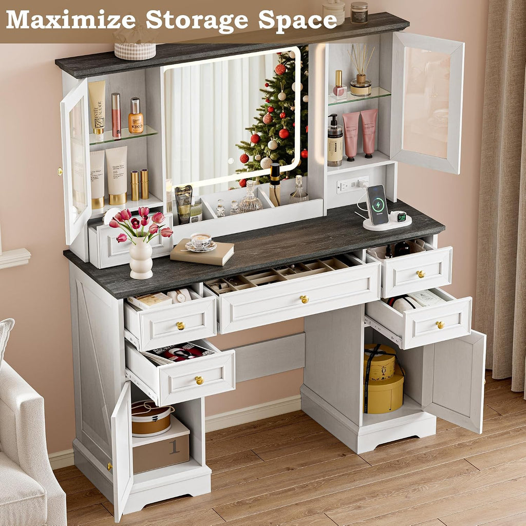 Vanity Desk with Lights, Large LED Mirror with 3 Color Modes, Makeup Vanity with Power Outlet & USB Ports, 6 Drawers