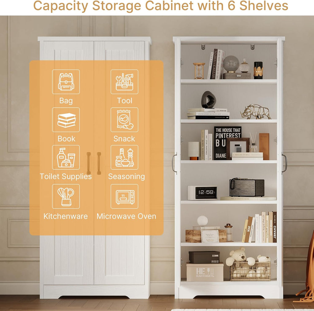 70" Tall Storage Cabinet, Large Wood Storage Pantry Cabinet with 6 Adjustable Shelves & 2 Doors, Standing Utility