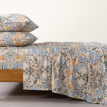 100% Cotton 4-Piece Floral Bed Sheet Set in Blue & Sage Green, Vintage Fall Botanical Bird Bedding