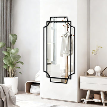 Wall Mirror Full Length, 47" x 24" Black Wood Framed Full Body Mirror, Scalloped Beveled Polished Decorative Mirrors