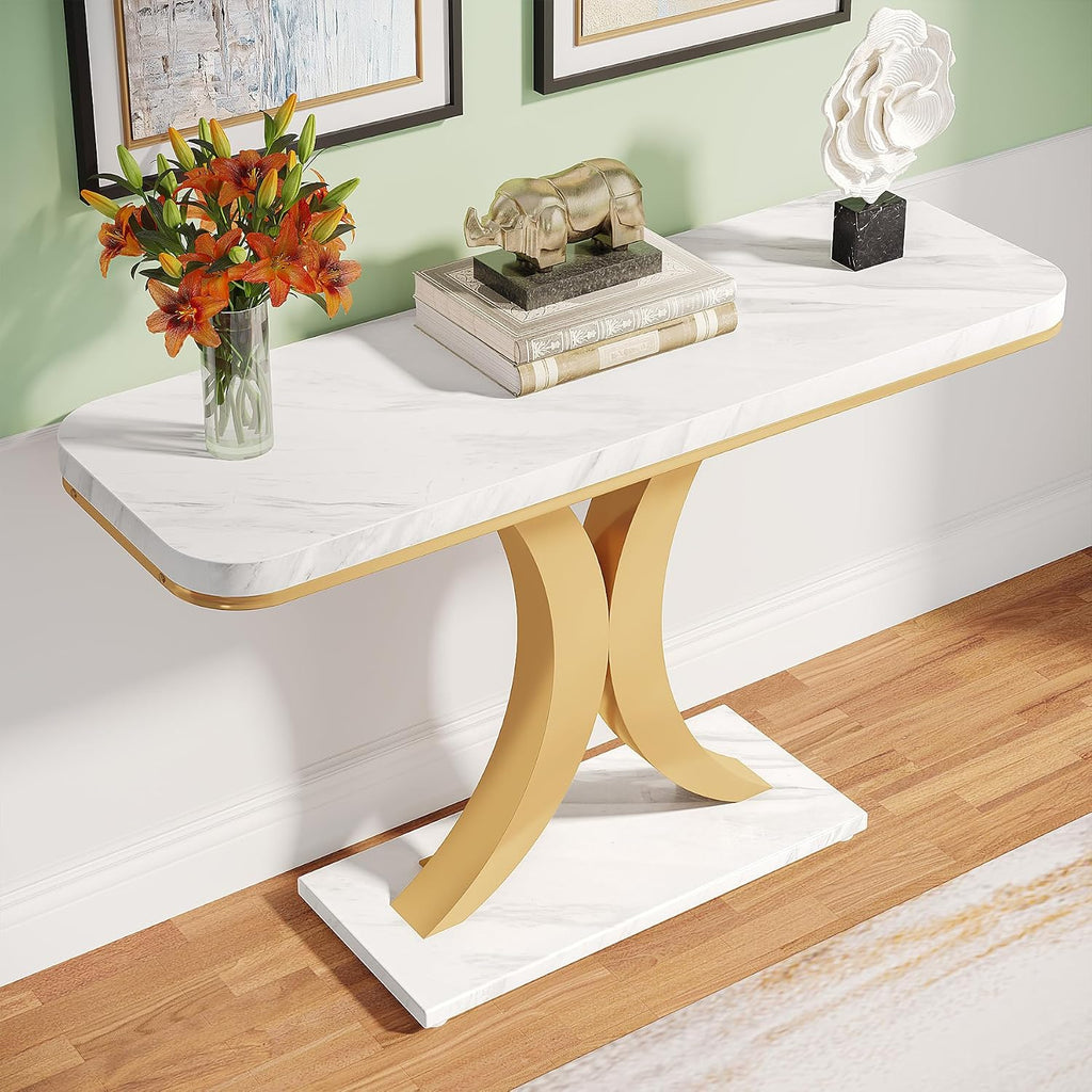 Modern Gold Console Table, 40 inch Narrow Entryway Foyer Table with Geometric Base, Rustic Hallway Accent Table