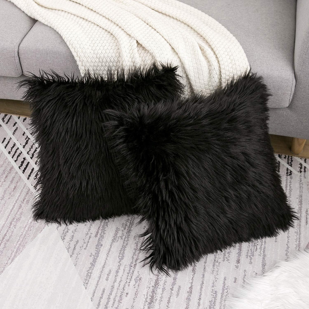 Black Faux Fur Throw Pillow Covers 18x18 Inch Set of 2, Luxury Fluffy Shaggy Plush Cushion Cases, Soft Fuzzy Pillow
