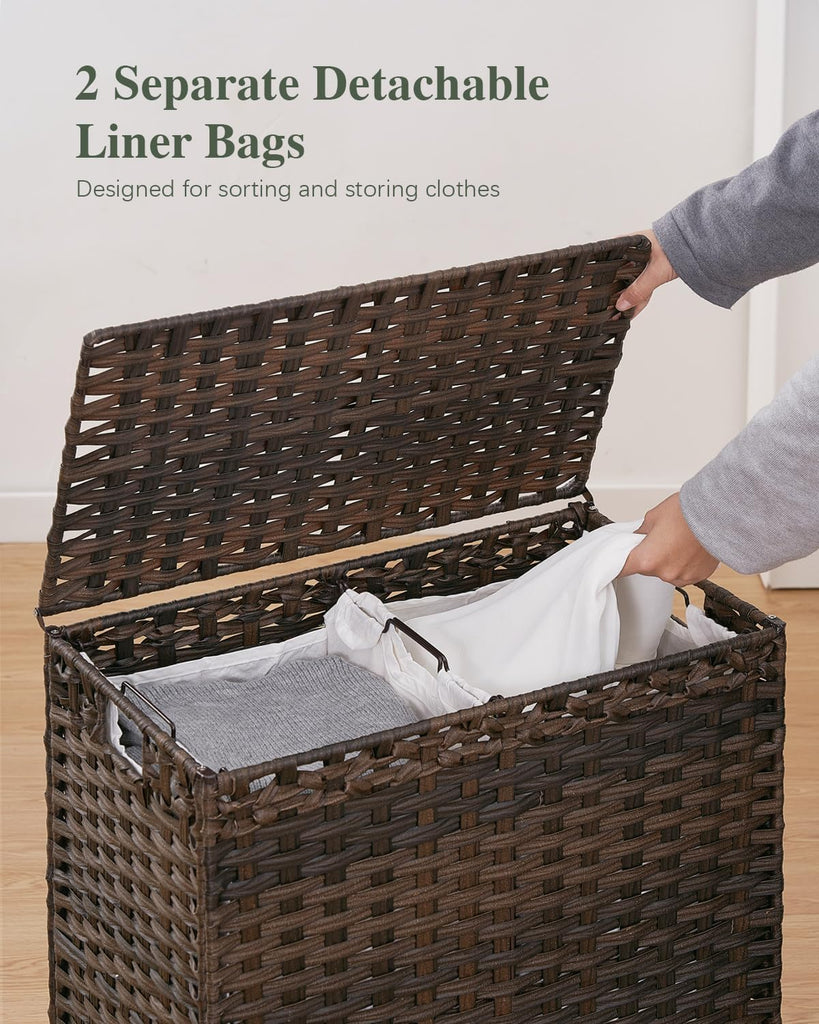 Laundry Hamper with Lid, 29.6 Gal 2-Bag Clothes Sorter, Brown | 112L 2-Section PE Rattan Hamper with Lid, Metal