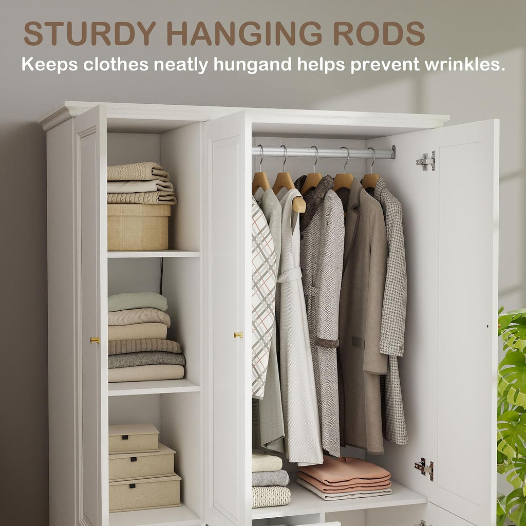 Armoire Wardrobe Closet with Drawers: 74" White Wardrobe Closet with 3 Doors, Tall Bedroom Armoires for Clothes, Wood