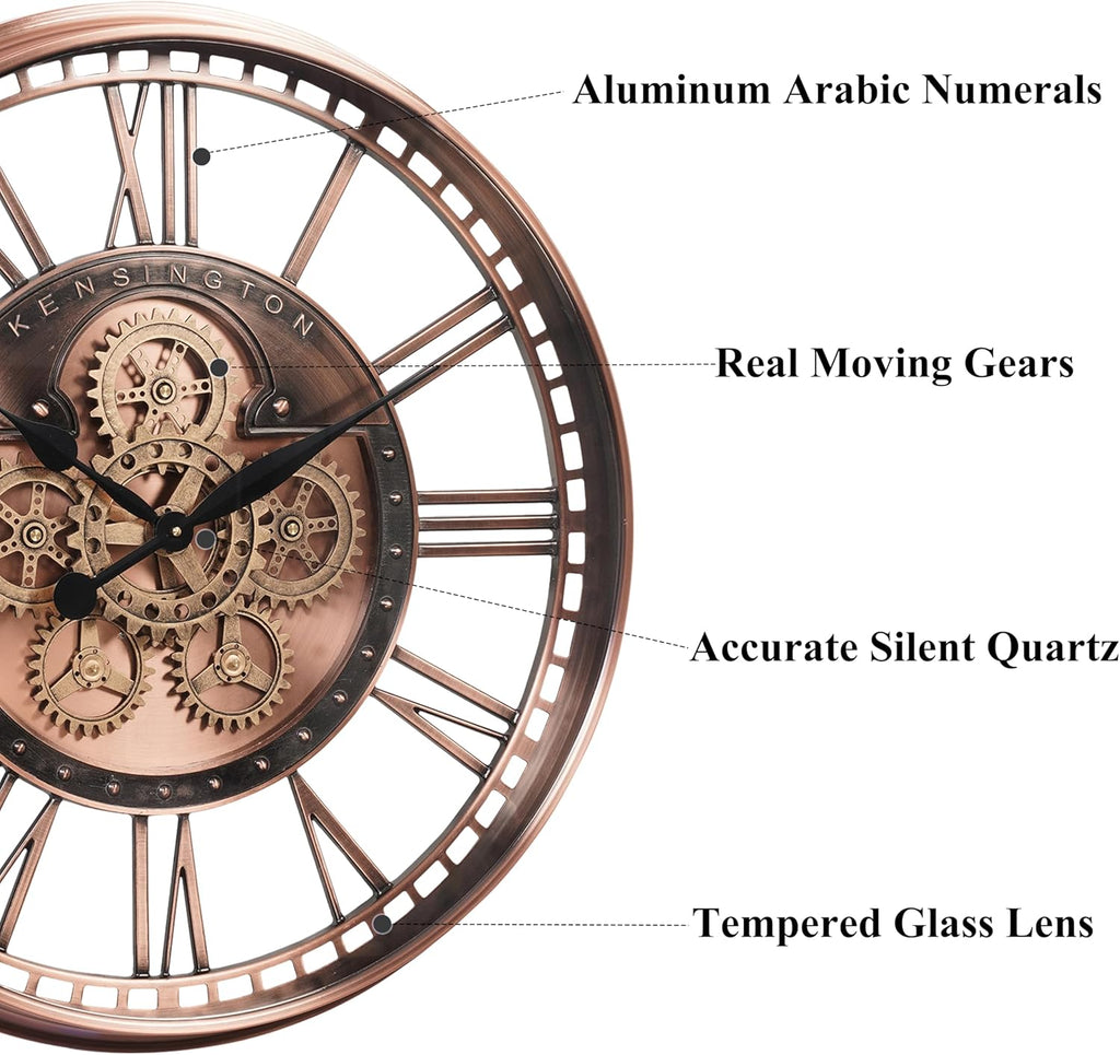 Inch Oversized Large Moving Gears Wall Clock,Industrial Vintage Rose Gold Silent Wall Clock for Modern Farmhouse Living Room Home...