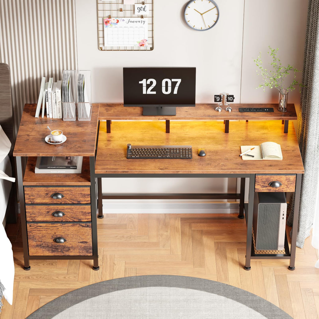 60" Computer Desk with 4 Drawers, Power Outlet, LED, Rustic Brown