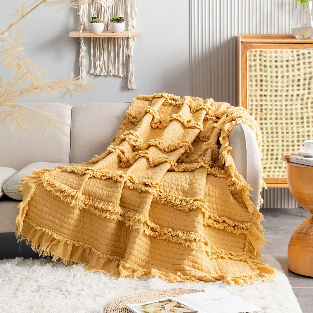 Ultra Soft Pre-Washed Warm Quilted Throw Blanket, Ruffle Fringed Yellow Boho Decorative Throw, Stone Washed Chic