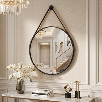 16" Black Round Mirror, Circle Wall Mirror with Leather Strap