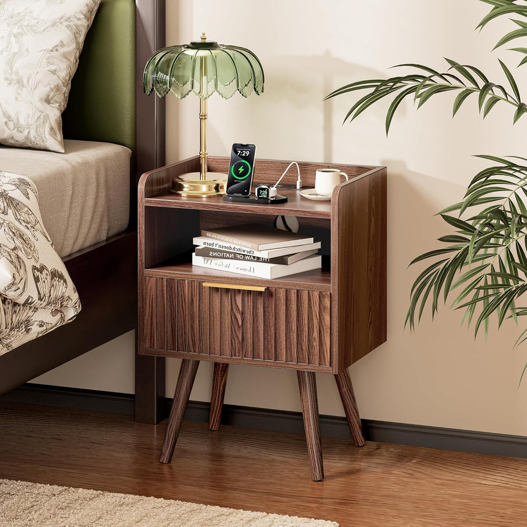Nightstand with Charging Station, USB-C Port, Fluted Night Stand Set of 2, Bed Side Table with Drawer, Solid Wood