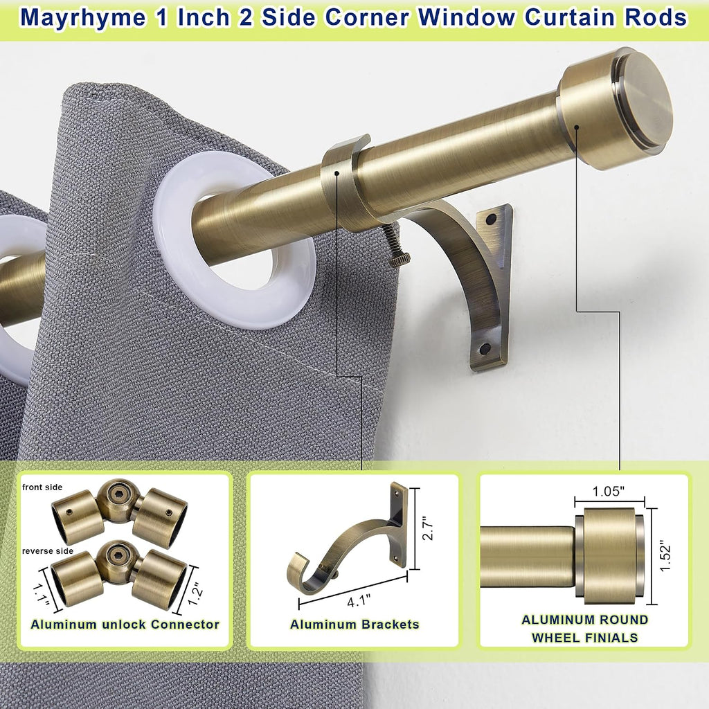 Antique Bronze Corner Window Curtain Rods with Aluminum End Cap Finials and Brackets, 1 Inch Diameter Bay Window