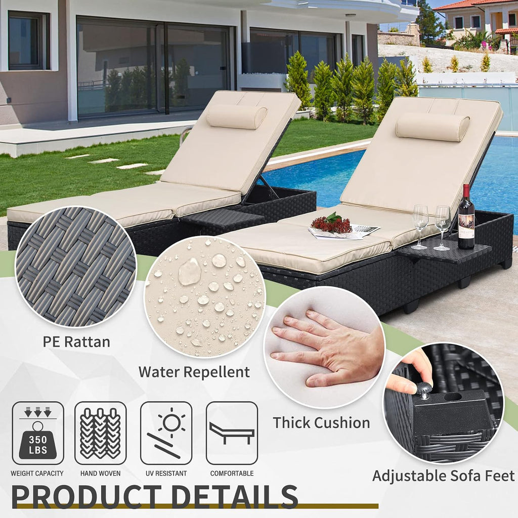 Outdoor Chaise Lounge Chairs for Outside Patio Furniture Set of 2 Wicker Recliner Black Rattan Sunbathing Lounger