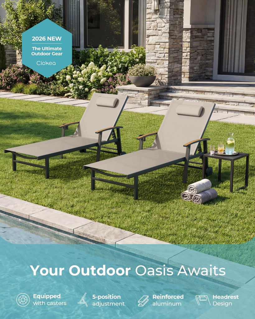 Outdoor Lounge Chair with Pillow Set of 2, 5-Position Aluminum Chaise Lounge with Wheels & Armrests, 400 lbs Heavy