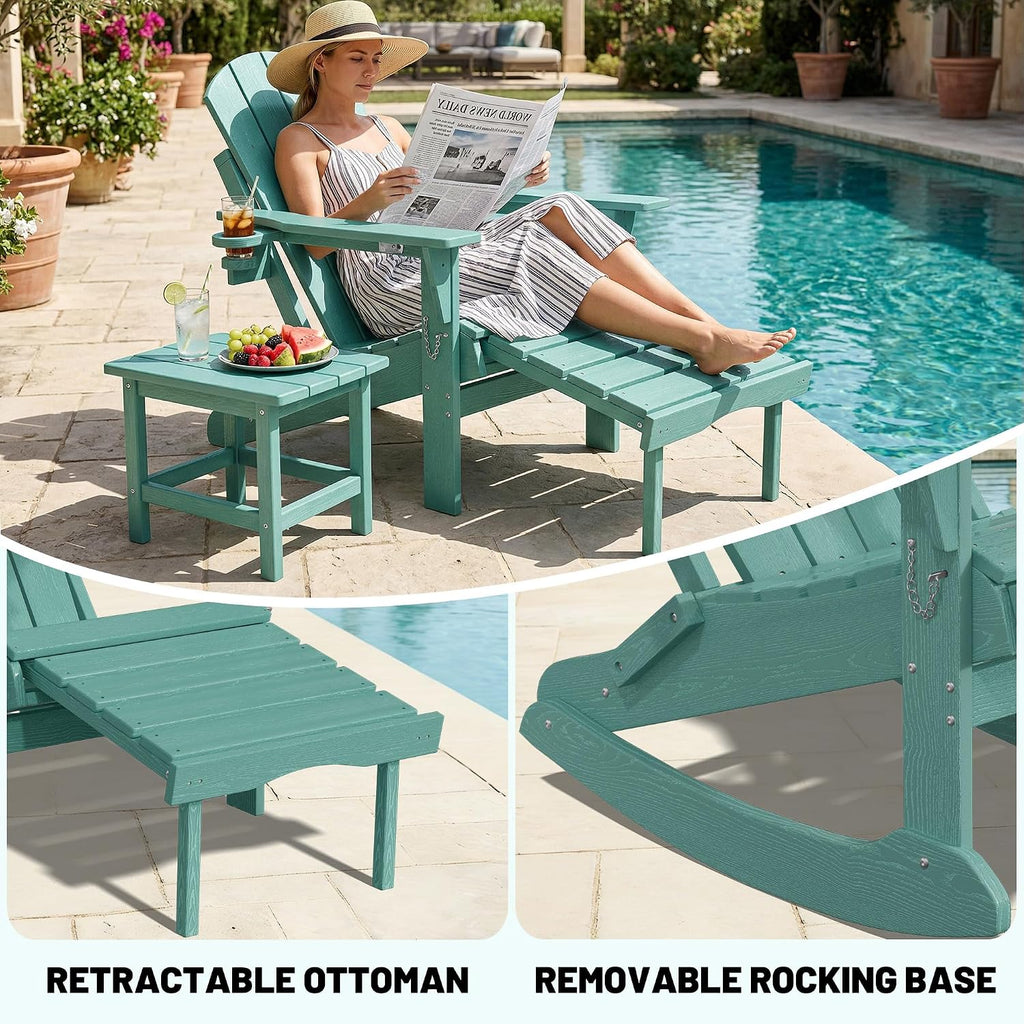 Folding Adirondack Rocking Chair with Retractable Ottoman, Aruba | Weather Resistant, Wood-Grain, 2-Sided Cup