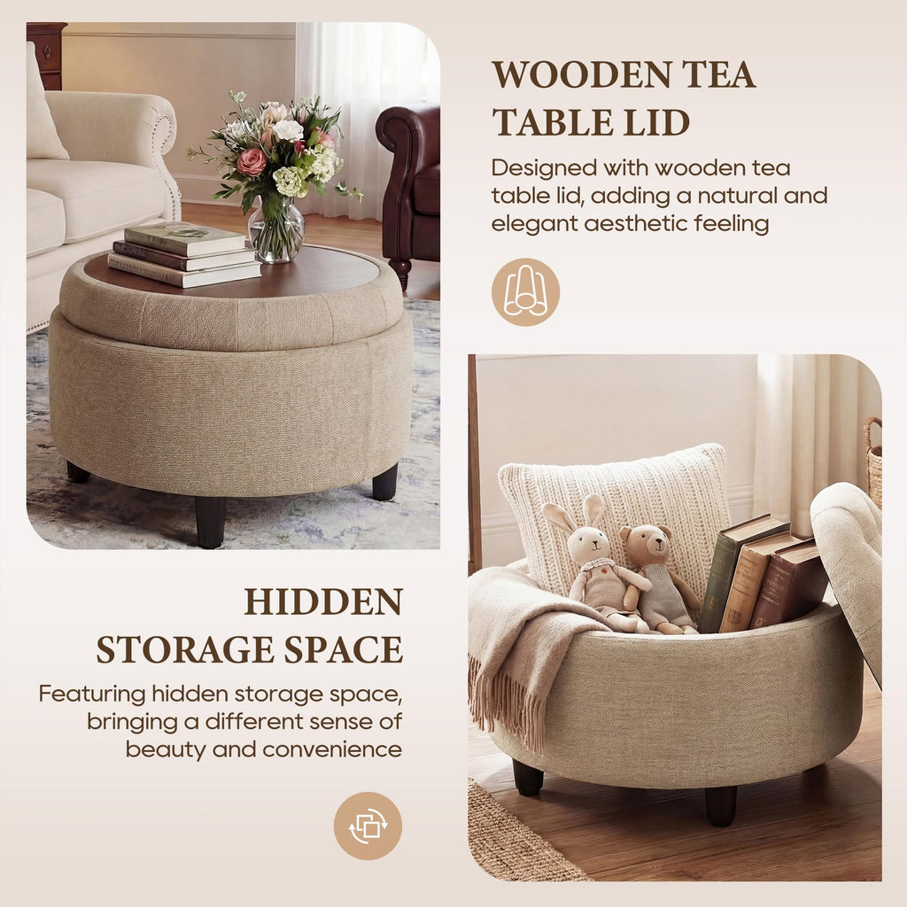 Fabric Round Storage Ottoman with Reversible Tray Lid(Camel)