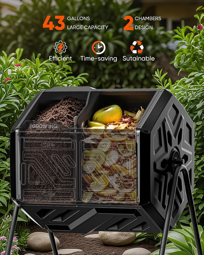 THE Growing 43 Gal Outdoor Compost Bin Tumbler for Backyard Garden, Black | Twin 21.5gal heat-absorbing chambers.