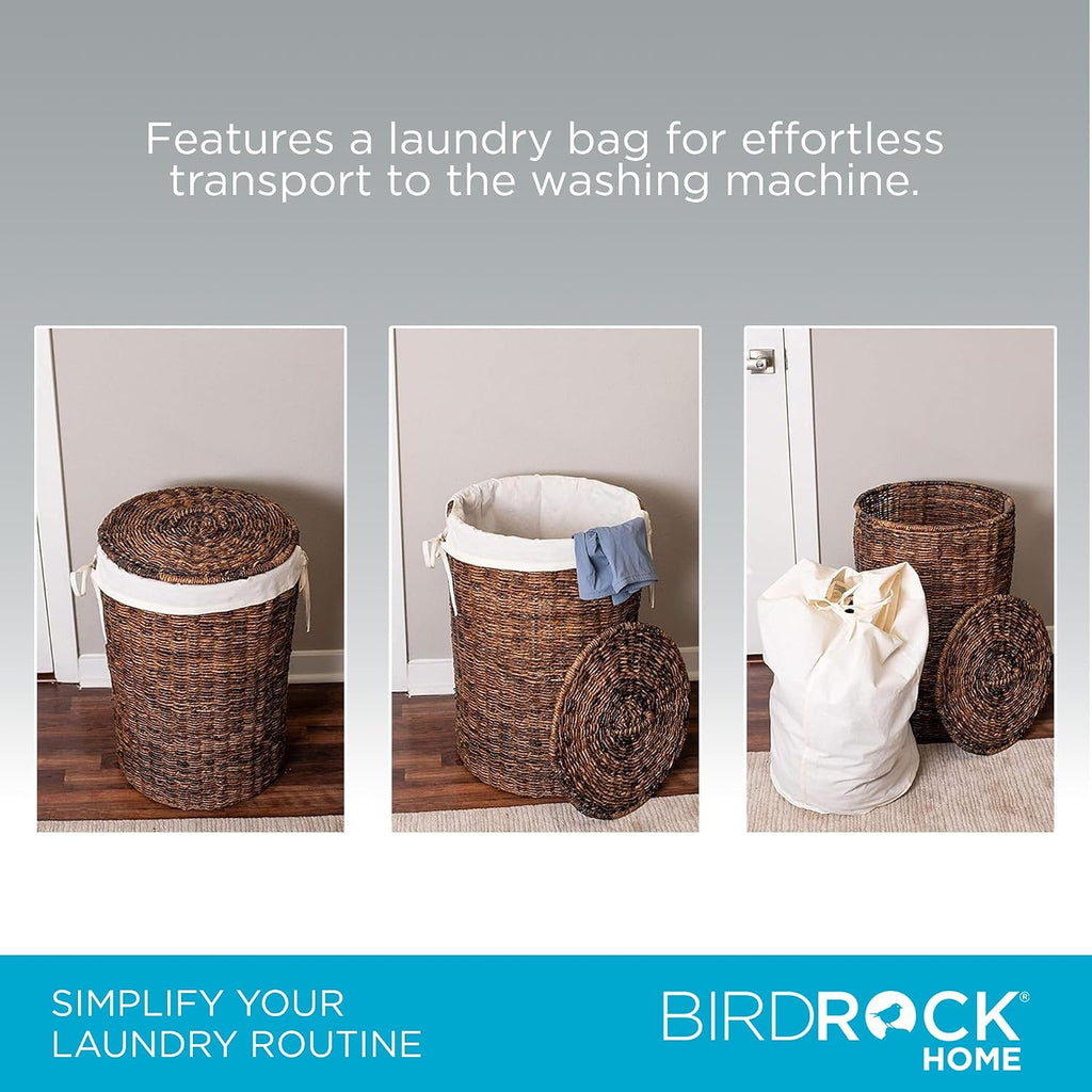 Seagrass Laundry Hamper with Lid & Liner - Handwoven Round Basket with Handles for Laundry/Dirty Clothes - Organizer
