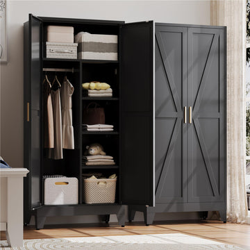Metal Wardrobe Cabinet with Hanging Rod, Large 71" Armoire Wardrobe Closet with Adjustable Shelves and Doors, Farmhouse