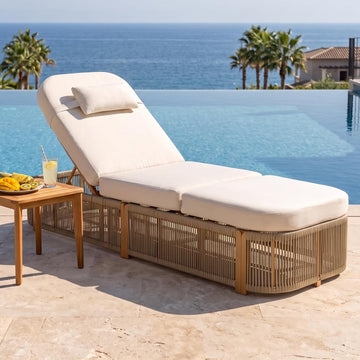 Patio Chaise Lounge Chairs Outdoor, Biege | 5-Position Adjustable Backrest, All Weather PE Rope Wicker, Modern