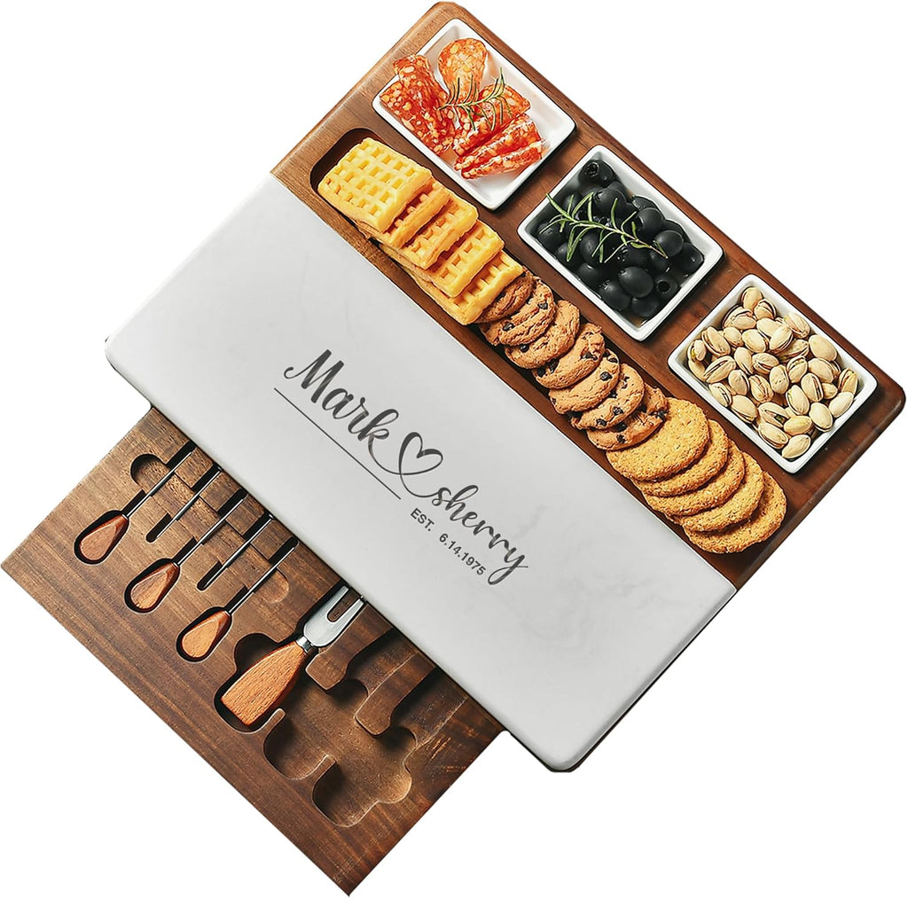 Wood Marble Cheese Board Set - Acacia & Marble Charcuterie Board with 3 Removable Ceramic Bowls & Stainless Steel