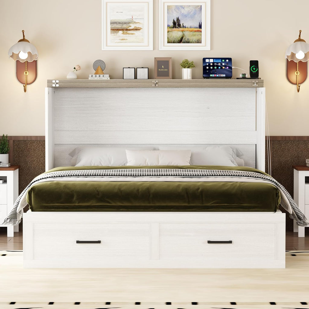 Modern Farmhouse Solid Wood Murphy Cabinet Bed with Charging Station, Foldable Wall Platform Bed with Storage