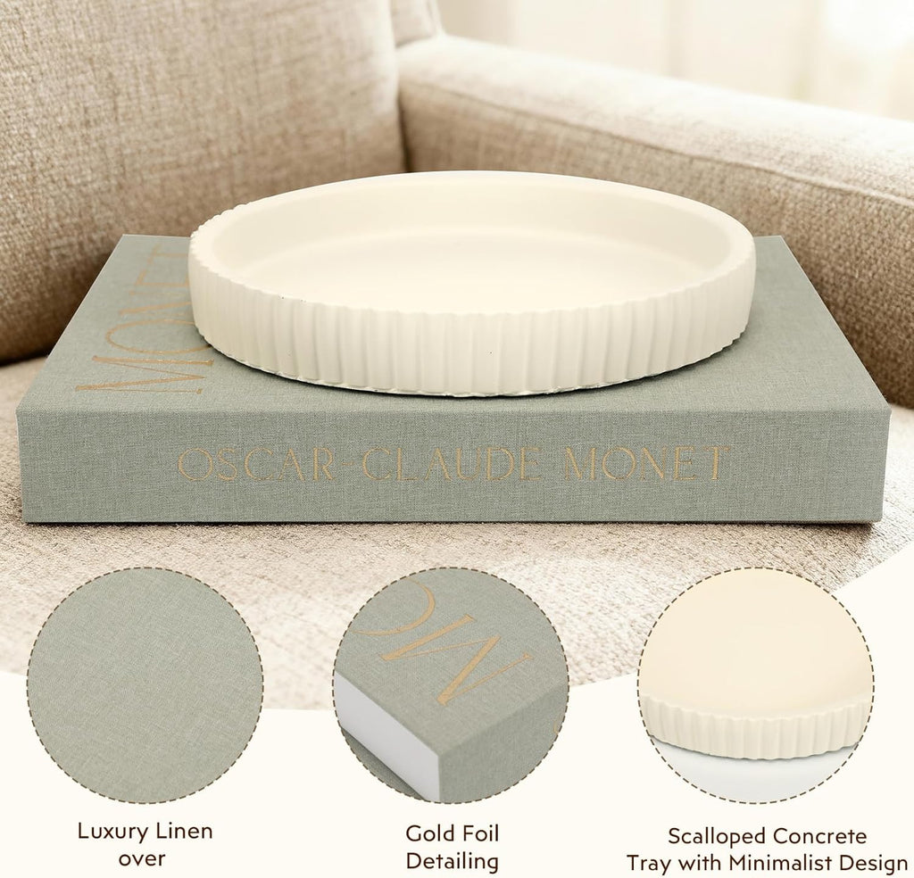 Decorative Concrete Tray & Book Set - Modern Scalloped Home Decor Tray & Linen Storage Box for Coffee Table
