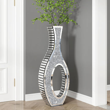 Floor Vase Crushed Diamond Mirrored Vase 30" Tall, Large Silver Tall Vases for Floor Crystal Hollow Decorative Glass