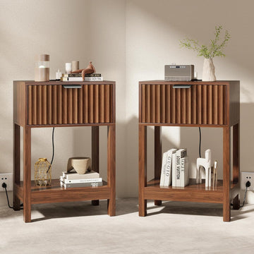 Night Stand Set 2, Fluted Nightstand with Charging Station, Wood Bedside Table with Drawer & Storage Shelf, Modern