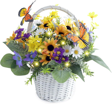 Artificial Flowers in Basket Vase with Lights, Faux Floral Arrangement for Table,Home Kitchen Centerpieces Party Decor