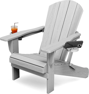 Folding Adirondack Chair with 2 Cup Holders, Silver Grey | HDPE Composite | Waterproof | Wood Grain | Hidden Cup &