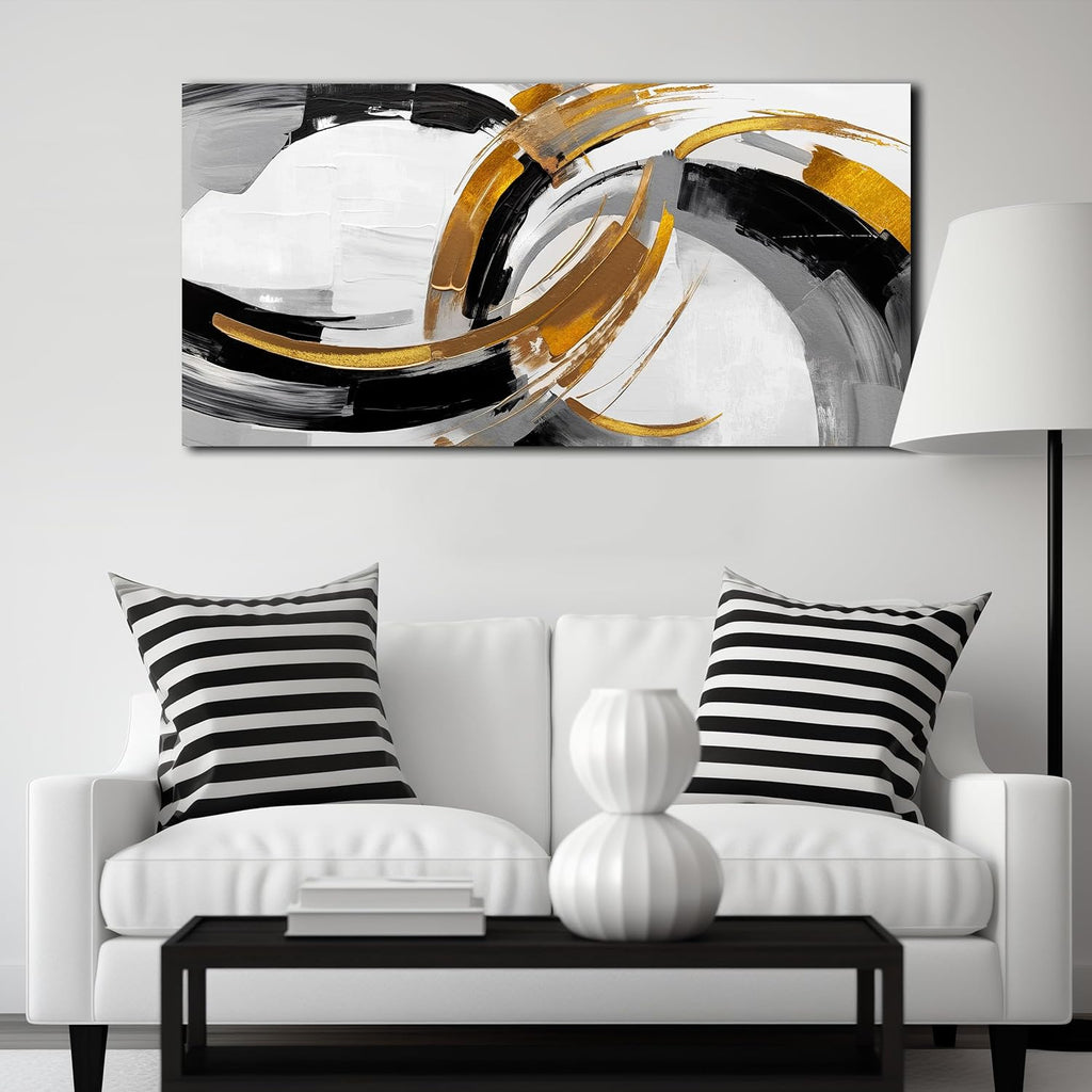 Large Abstract Canvas Wall Art Black White and Gold Minimalist Line Artwork Office