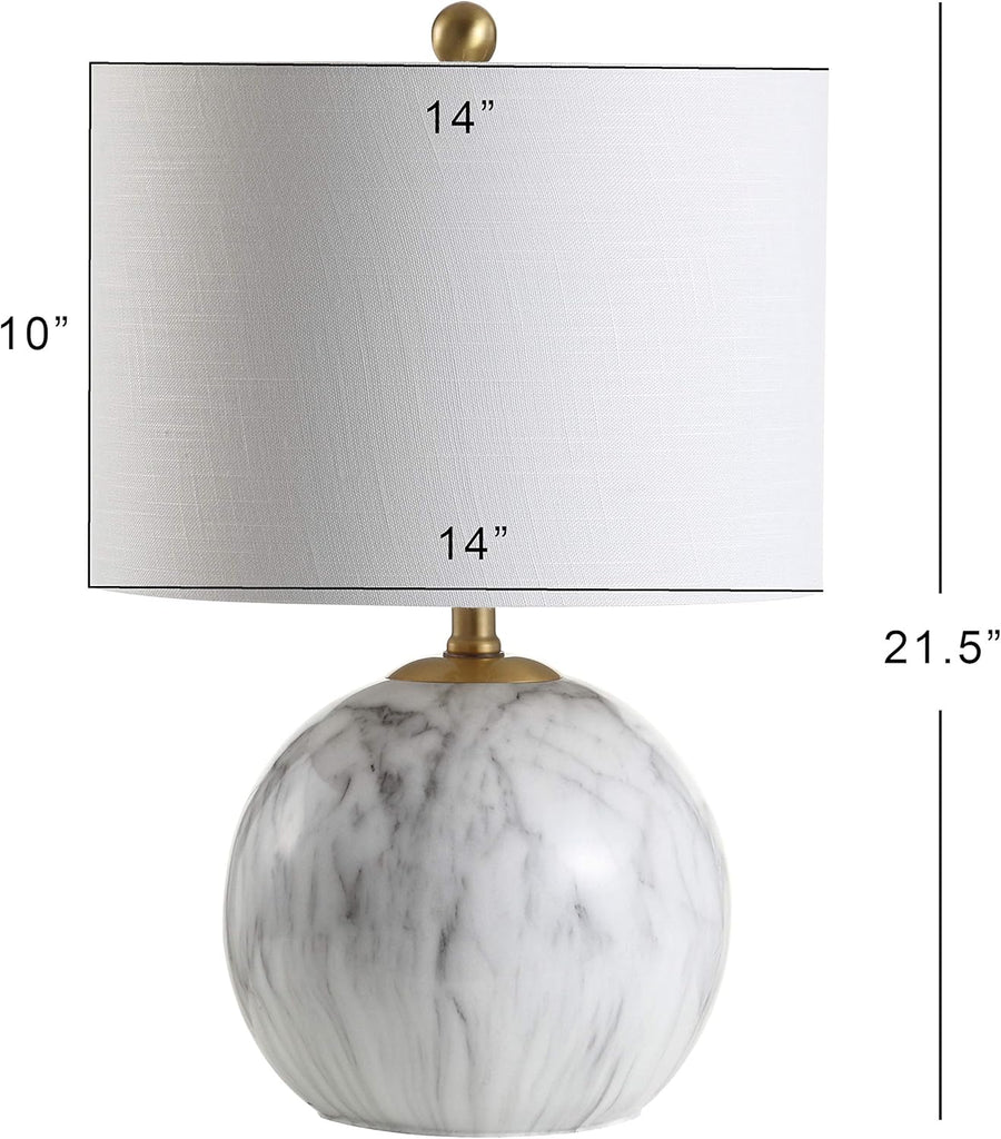 21.5" White/Brass Gold Faux Marble Resin Table Lamp, Glam Geometric Sphere Base Bedroom, White Linen Drum Shade