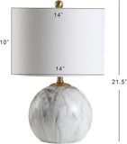 21.5" White/Brass Gold Faux Marble Resin Table Lamp, Glam Geometric Sphere Base Bedroom, White Linen Drum Shade