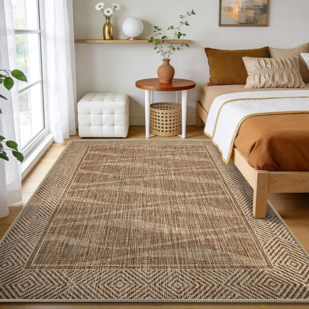 Jute Rug 5x7 Outdoor Patio Rug with Border, Washable Rugs for Living Room, Farmhouse Non Slip Area R