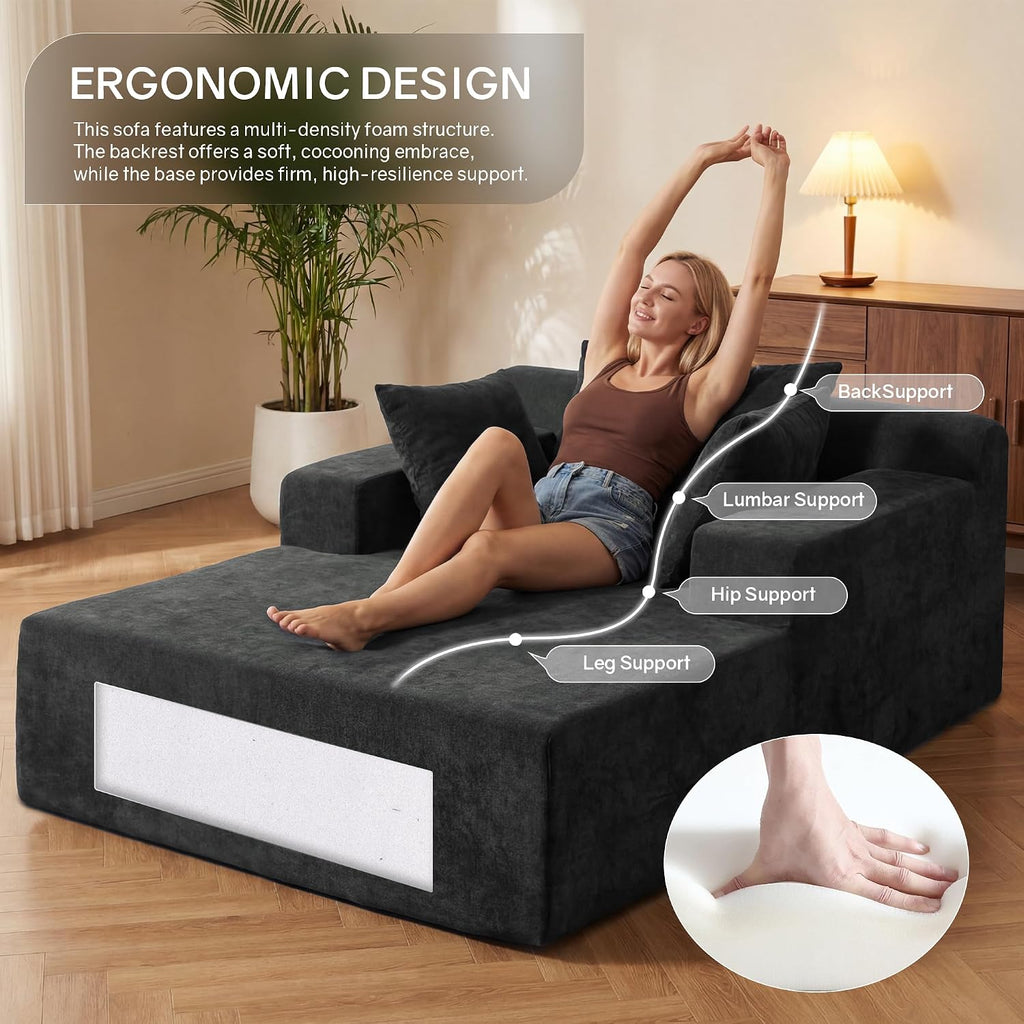 66" Chaise Lounge Chair Indoor, Oversized Boneless Lounge Chair with 3 Pillows, Cloud Reading Chair Bedroom, Deep