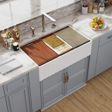 30 White Farmhouse Sink Reversible Workstation, Farm Apron Front Kitchen Sink 30x20 inch White Porcelain Ceramic