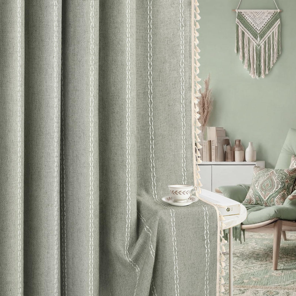 Sage Green Boho Blackout Curtains 84 Inch 2 Panels with Tassels
