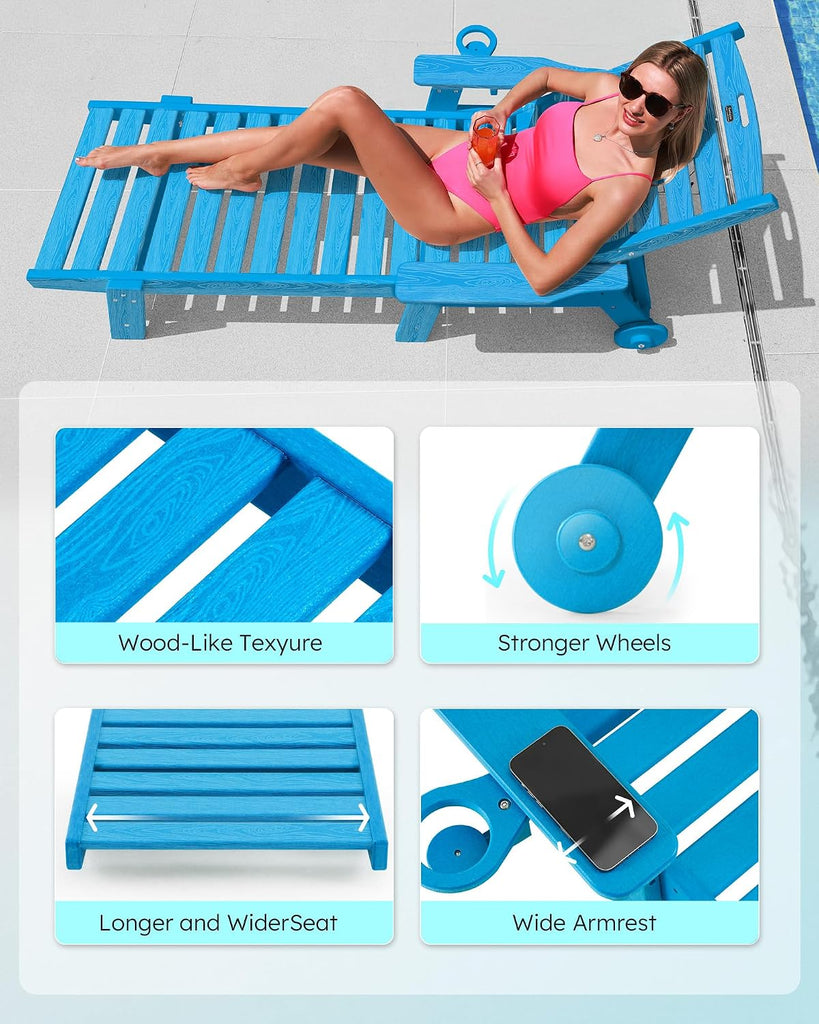 Patio Chaise Lounge Chair Outdoor with Wheels, Oversize Patio Lounge Chairs with Wood Texture, HDPE 6-Position