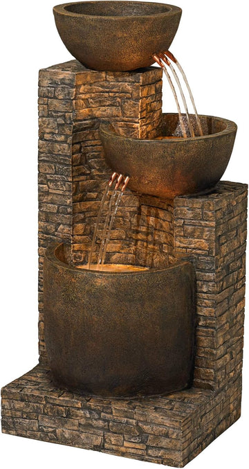 Mason 35" High Large Rustic Indoor Outdoor Decor Faux Stone Floor Fountain with Light LED Bowl Standing Tiered