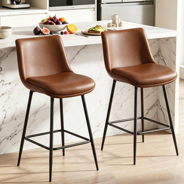 Counter Height Bar Stools Set of 2, FSC Certified Upholstered Faux Leather Barstools with Back, Metal Base, 27" Seat