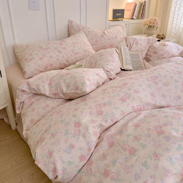 Vintage Floral Duvet Cover Set, Pink Flower Coquette Duvet Cover Muslin Cotton Gauze Bedding Set, Cottagecore