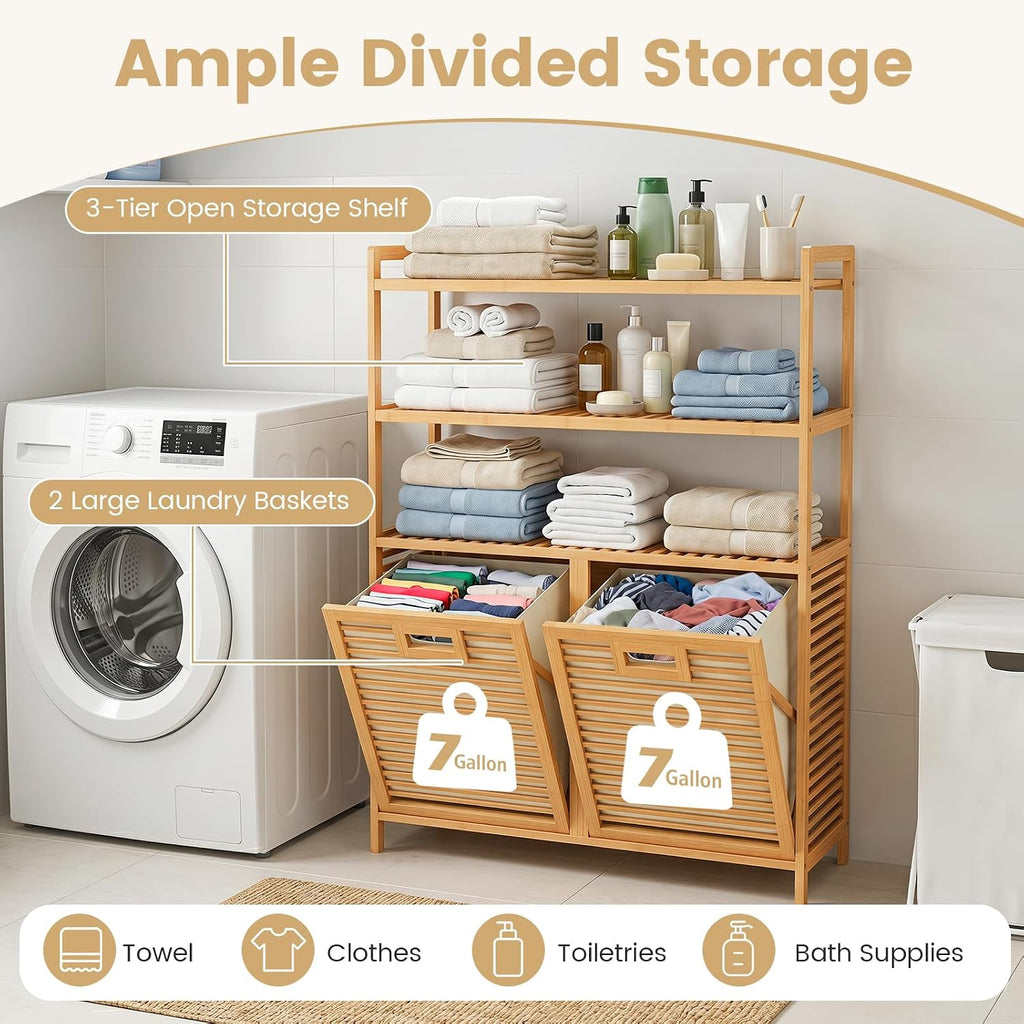 Double Tilt Out Laundry Hamper with 3-Tier Storage Shelf | 14 Gal Bamboo Laundry Storage Cabinet w/Removable Laundry