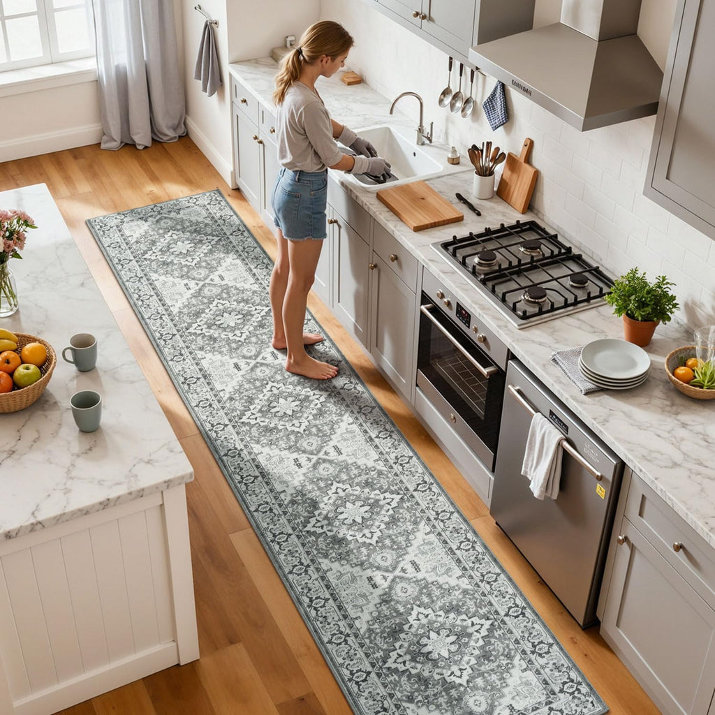 2 x 10 Runner Rug, Washable Entryway Rugs, Grey White