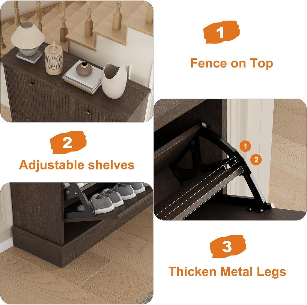 Fluted Shoe Cabinet with 2 Flip Drawers, Narrow Cabinet with Adjustable Shelves and Elegant Handles, Wooden Shoe
