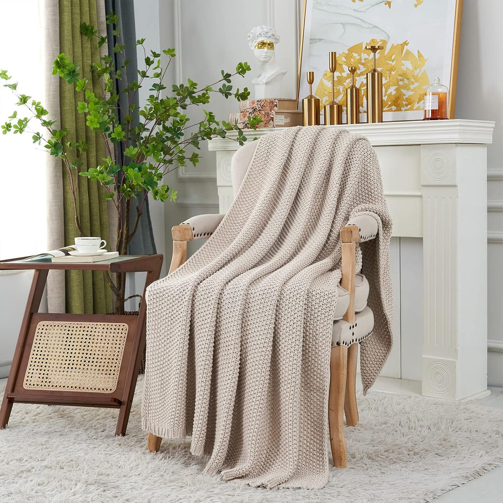 Chunky Cable Knit Throw Blanket Lightweight Beige 100% Organic Cotton Blanket, Rustic Shabby Chic Modern Farmhouse