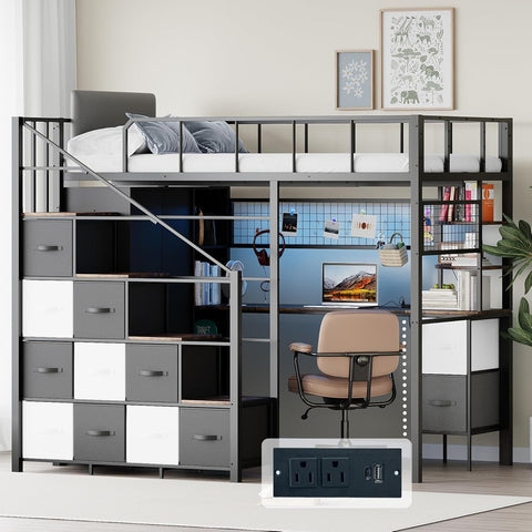 Twin Loft Bed with Desk, Stairs & LED Light, Metal Gaming Loft Bed Frame with Headboard, Safety Guardrail